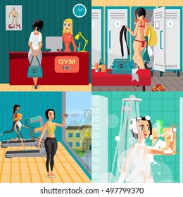 Gym interior concept banners. Reception, locker room, gymnasium and shower room. Woman goes in for sports. Vector flat cartoon illustration
