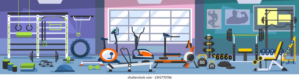 Gym interior concept. Fitness center interior design in flat style with barbell, plates, bench, kettlebell, power racks etc Vector Gym Equipment.