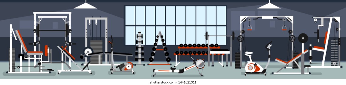 Gym Interior Concept. Fitness Center Design In Flat Style With Power Rack,Bench Press, Pull-Down, Pec Deck, Dumbbells, Exercise Bike, Leg Curl, Hack Squat, Leg Extension,leg Abduction, Smith Machines.