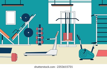 Interior de gimnasio con equipamiento. Centro de fitness de caricaturas con entrenamientos y entrenamientos deportivos, herramientas deportivas y máquinas de entrenamiento pesado. Ilustración vectorial. Treadmill y bicicleta, campanas