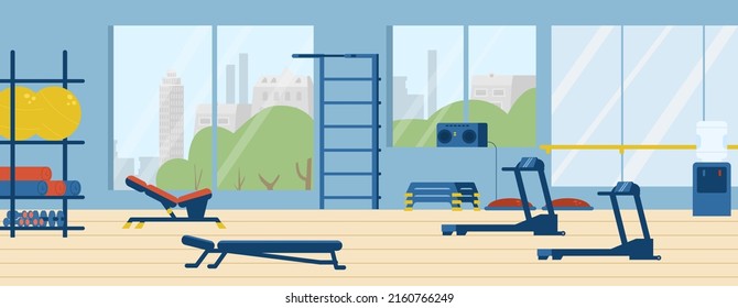 Fitnessraum mit Ausstattung und flacher Vektorgrafik.