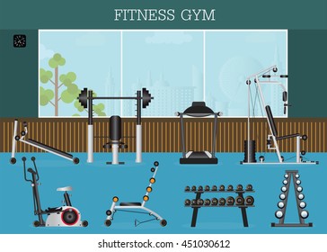 Gym interior with gym equipment, gymnasium sport fitness, athletics, healthy lifestyle,flat design Vector illustration.