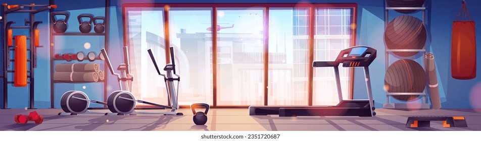 Gym interior with exercise equipment for active lifestyle and physical health. Treadmill, multifunctional pull up power tower, elliptical and dumbbells inside modern fitness club. Sports training gear