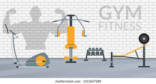 Gym interior with fitness equipment. Weight machine, elliptical, barbell and dumbbells. Fitness center or sport club gym design. Vector illustration.