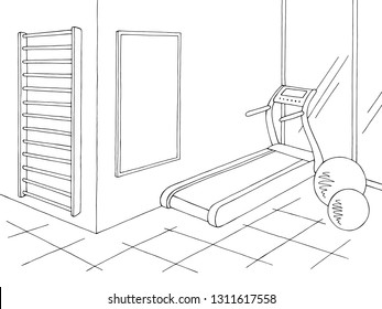 Gym interior graphic black white sketch illustration vector