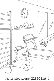 Gym interior graphic black white vertical sketch illustration vector 