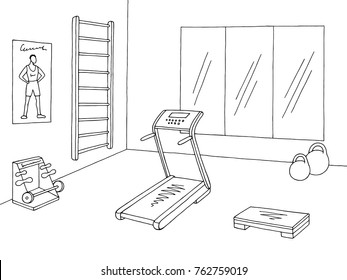 Gym interior graphic black white sketch illustration vector