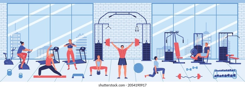 Gym interior horizontal background with people doing fitness exercises using sport simulators flat color vector illustration