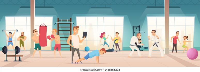 Gym Interior. Inside Of Fitness Center Workout Sport Simulators Lifestyle Body Ball Bicycle For Cardio Vector Background. Illustration Of Workout Training, Physical Sport, Art Martial