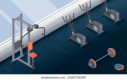 Gym interior with modern equipment elliptical trainers barbell and butterfly exercise machine realistic vector illustration