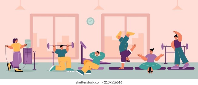 Gym interior with people doing sport exercises, yoga, breakdance and fitness. Concept of healthy lifestyle, different activities and workout. Vector flat illustration of with men and women training