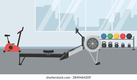 gym interior with rowing machine and exercise bike, rack filled with colorful medicine balls and kettlebells