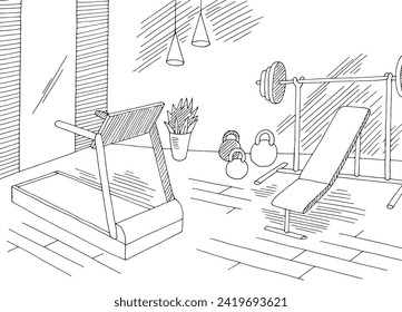 Gym interior sport club graphic black white sketch illustration vector 