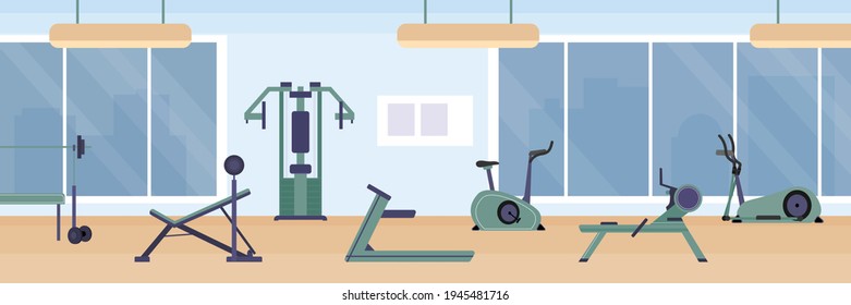 Gym interior with sport simulators for trainings and physical exercises.