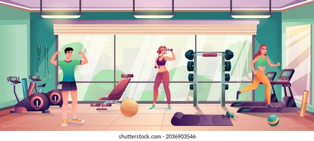 Gym interior with sportsman, mirror, green walls, panoramic window with park and cityscape view, running track, dumbbell, barbell, cycling and fitness equipment. Vector graphic illustration