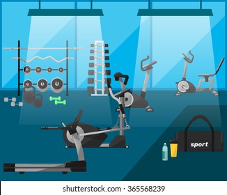 Gym interior. Various fitness equipment and machine for body workout and exercise with weight in spacious gym illustration. Vector sport club interior. Active and healthy lifestyle background
