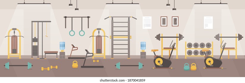 Gym interior vector illustration. Cartoon sport club or fitness center gym room with treadmill machine, bike equipment, metal dumbbell and barbell bench for weight sport workout design background