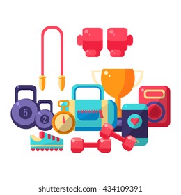 Gym Inventory Items Collection. Flat Colorful Vector Illustration With Fitness Inventory. Training Equipment Vector Illustration.
