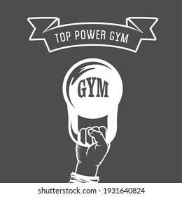 Gym iron weight in hand, weightlifting and sports retro poster, vector