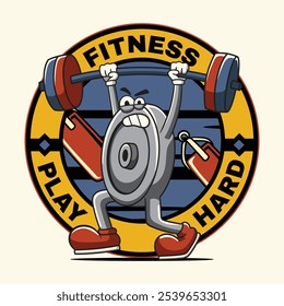 Gym Iron Weight Plate Fitness Cartoon Mascote Personagem em 70s 80s Retro Groovy Vintage Estilo para musculação levantamento de peso poster, folheto, convite, cartão de saudação, banner, adesivo