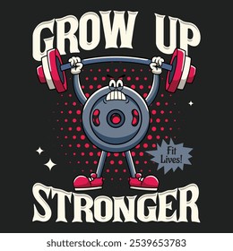 Gym Iron Weight Plate Fitness Cartoon Mascote Personagem em 70s 80s Retro Groovy Vintage Estilo para musculação levantamento de peso poster, folheto, convite, cartão de saudação, banner, adesivo