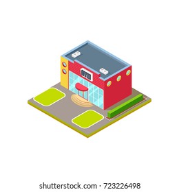 Gym isometric building of small size, that helps people to keep fit and be healthy, lawn and bushes outdoors vector illustration isolated on white