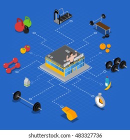 Gym isometric flowchart with fitness training and workout symbols vector illustration 