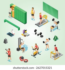 Gym isometric Infographics machine physical studio relaxation kilogram person care female man dumbbells instructor happy yoga