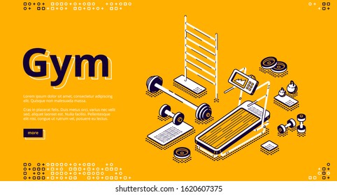 Gym isometric landing page, fitness equipment and stuff treadmill, barbell and dumbbells, empty room for workout training on yellow background, 3d vector illustration in line art style, web banner