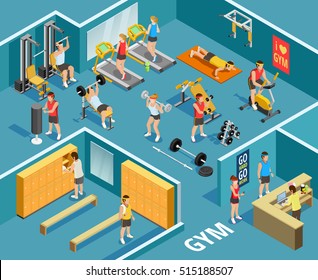 Gym Isometric Template With People Equipment And Various Types Of Physical Exercises  Vector Illustration