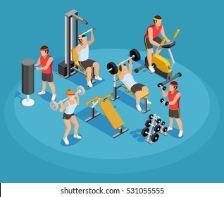 Gym isometric template with people and sports equipments in colorful style on blue background vector illustration