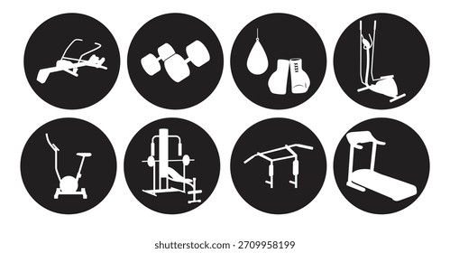 Iconos de los artículos del gimnasio fijados en blanco sobre un fondo negro