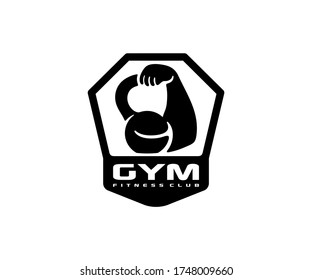 Fitnessraum, Kettlebell und Biceps, Logo-Design. Aufbau und Fitness, Vektordesign und Illustration