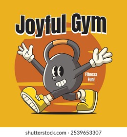 Gym Kettlebell Fitness Cartoon Mascote Personagem em 70s 80s Retro Groovy Estilo Vintage para musculação levantamento de peso poster, folheto, convite, cartão de saudação, banner, adesivo