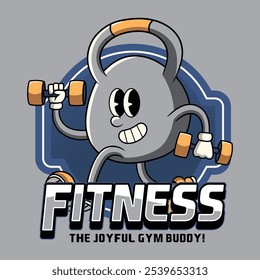 Gym Kettlebell Fitness Cartoon Mascote Personagem em 70s 80s Retro Groovy Estilo Vintage para musculação levantamento de peso poster, folheto, convite, cartão de saudação, banner, adesivo