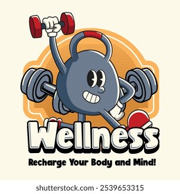 Gym Kettlebell Fitness Cartoon Mascote Personagem em 70s 80s Retro Groovy Estilo Vintage para musculação levantamento de peso poster, folheto, convite, cartão de saudação, banner, adesivo