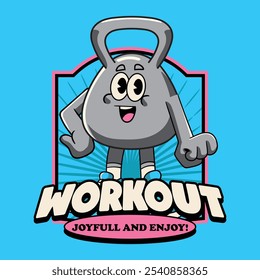 Ginásio Kettlebell fitness Retro Cartoon Mascote Personagem Groovy Estilo Vintage para halterofilismo pôster de levantamento de peso, folheto, convite, cartão de saudação, banner