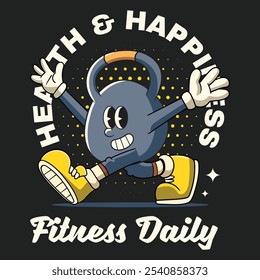 Ginásio Kettlebell fitness Retro Cartoon Mascote Personagem Groovy Estilo Vintage para halterofilismo pôster de levantamento de peso, folheto, convite, cartão de saudação, banner