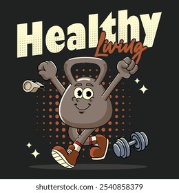 Ginásio Kettlebell fitness Retro Cartoon Mascote Personagem Groovy Estilo Vintage para halterofilismo pôster de levantamento de peso, folheto, convite, cartão de saudação, banner