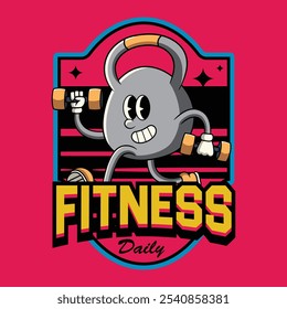 Ginásio Kettlebell fitness Retro Cartoon Mascote Personagem Groovy Estilo Vintage para halterofilismo pôster de levantamento de peso, folheto, convite, cartão de saudação, banner