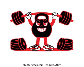 Mascota retro de Kettlebell con la mano y el pie haciendo ejercicio. Pegatinas de dibujos animados retro con personajes cómicos divertidos y manos enguantadas. Kettlebell, mancuerna, fitness, gimnasio, ejercicio Retro Mascot.