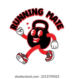 Gym Kettlebell retro mascot with hand and foot doing fitness. Retro cartoon stickers with funny comic characters and gloved hands. Kettlebell, dumbbell, fitness, gym, exercise Retro Mascot.