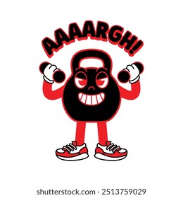 Gym Kettlebell retro mascot with hand and foot doing fitness. Retro cartoon stickers with funny comic characters and gloved hands. Kettlebell, dumbbell, fitness, gym, exercise Retro Mascot.