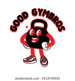 Gym Kettlebell retro mascot with hand and foot doing fitness. Retro cartoon stickers with funny comic characters and gloved hands. Kettlebell, dumbbell, fitness, gym, exercise Retro Mascot.