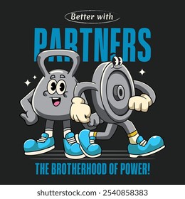 Gym Kettlebell and Weight Plate Fitness Retro Cartoon Mascot Character Groovy Vintage Style for bodybuilding weightlifting poster, flyer, brochure, invitation, greeting card, banner