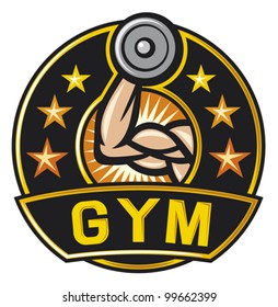 gym label (arm showing muscles and power symbol, bodybuilding badge, weight lifting)