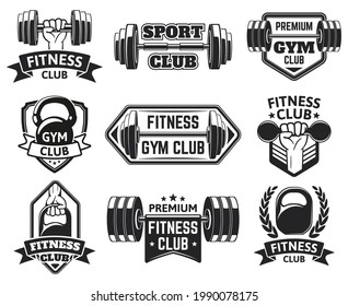 Gym labels. Sport, bodybuilding, fitness equipment symbols, vintage fitness badges silhouette vector illustration set. Wellness equipment emblems. Fitness label gym, bodybuilding emblem club