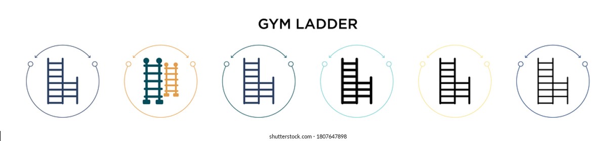 Icono de la escalera de gimnasio con estilo relleno, delgado, contorno y trazo. Ilustración vectorial de dos diseños de iconos vectores de escaleras de gimnasio de color y negro se pueden usar para móviles, ui, web