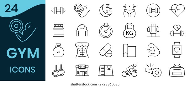 Conjunto de iconos editables de línea de gimnasio. Contiene iconos de estilo de vida saludable, ejercicio, entrenamiento con pesas, cuidado corporal y equipo de entrenamiento o ejercicio. Pictogramas e infografías para la Ilustración vectorial de App móviles.