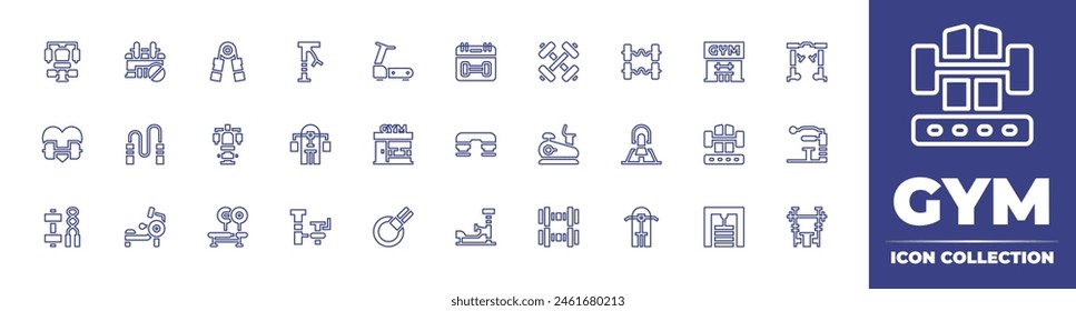 Gym line icon collection. Editable stroke. Vector illustration. Containing gym, dumbbell, workout, bench, elliptical, rowingmachine, pullup, barbell, skipping, multi, gymstation, gymmachine, gymstep.